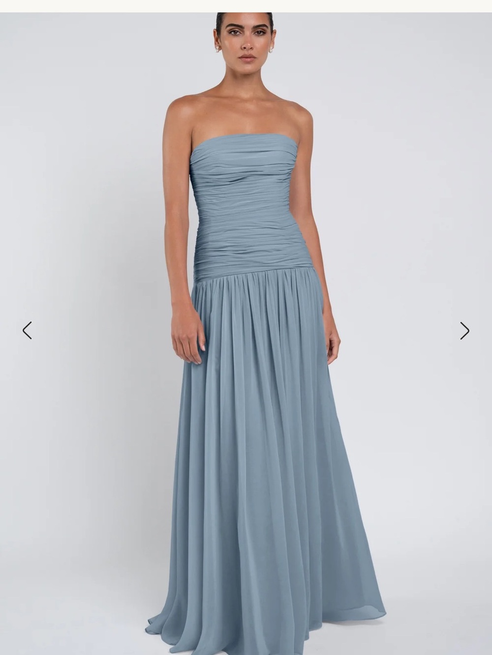 Jenny Yoo Cynthia Strapless Ruched Bodice Maxi Dress in Dusty Blue